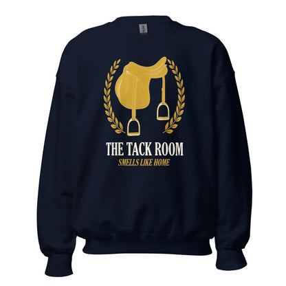 The Tack Room engraved equestrian saddle crest crewneck sweatshirt — Navy, front