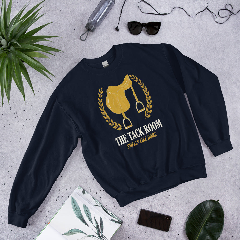 The Tack Room engraved equestrian saddle crest crewneck sweatshirt — Navy, flat lay
