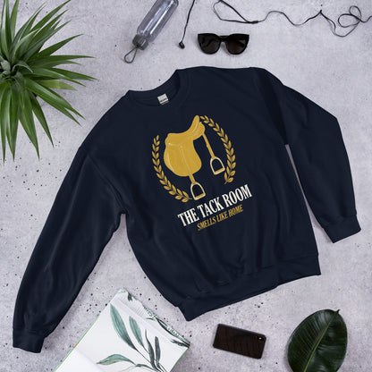 The Tack Room engraved equestrian saddle crest crewneck sweatshirt — Navy, flat lay
