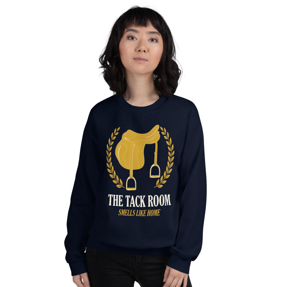 The Tack Room engraved equestrian saddle crest crewneck sweatshirt — Navy, on model