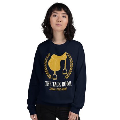 The Tack Room engraved equestrian saddle crest crewneck sweatshirt — Navy, on model