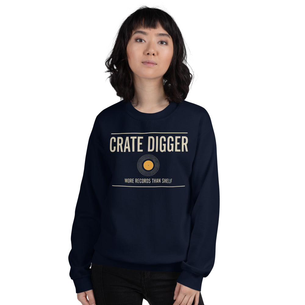 Crate Digger vinyl record crewneck sweatshirt — Navy, on model