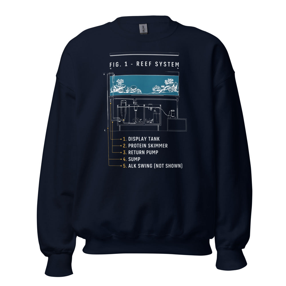 Reef System technical cutaway saltwater aquarium crewneck sweatshirt — Navy, front