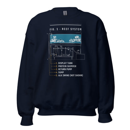 Reef System technical cutaway saltwater aquarium crewneck sweatshirt — Navy, front