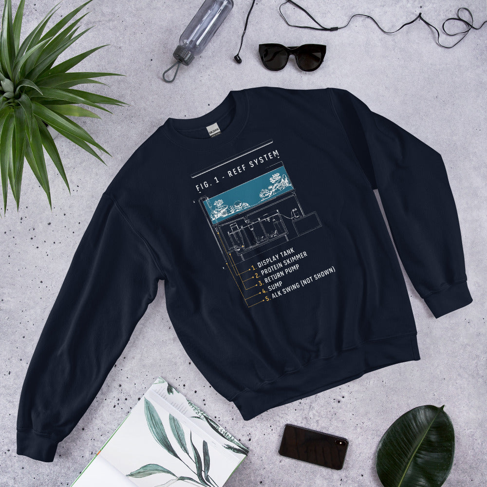 Reef System technical cutaway saltwater aquarium crewneck sweatshirt — Navy, flat lay