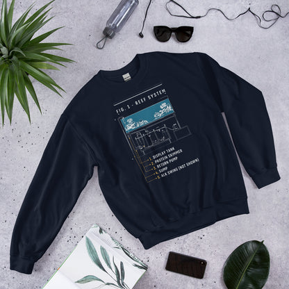 Reef System technical cutaway saltwater aquarium crewneck sweatshirt — Navy, flat lay