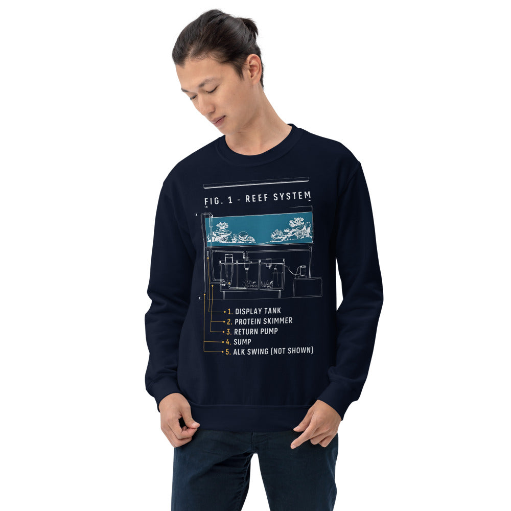 Reef System technical cutaway saltwater aquarium crewneck sweatshirt — Navy, on model