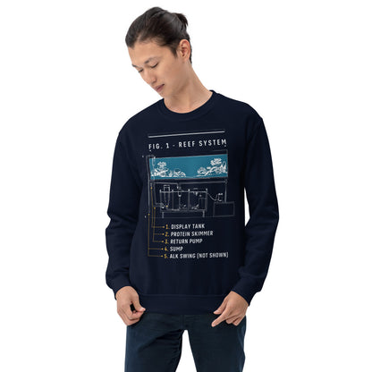 Reef System technical cutaway saltwater aquarium crewneck sweatshirt — Navy, on model