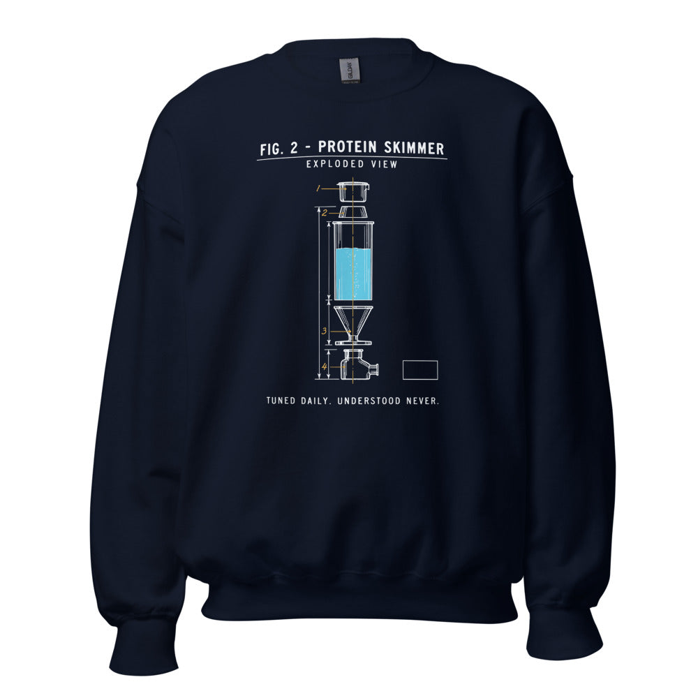 Protein Skimmer Exploded View reef tank saltwater aquarium crewneck sweatshirt — Navy, front
