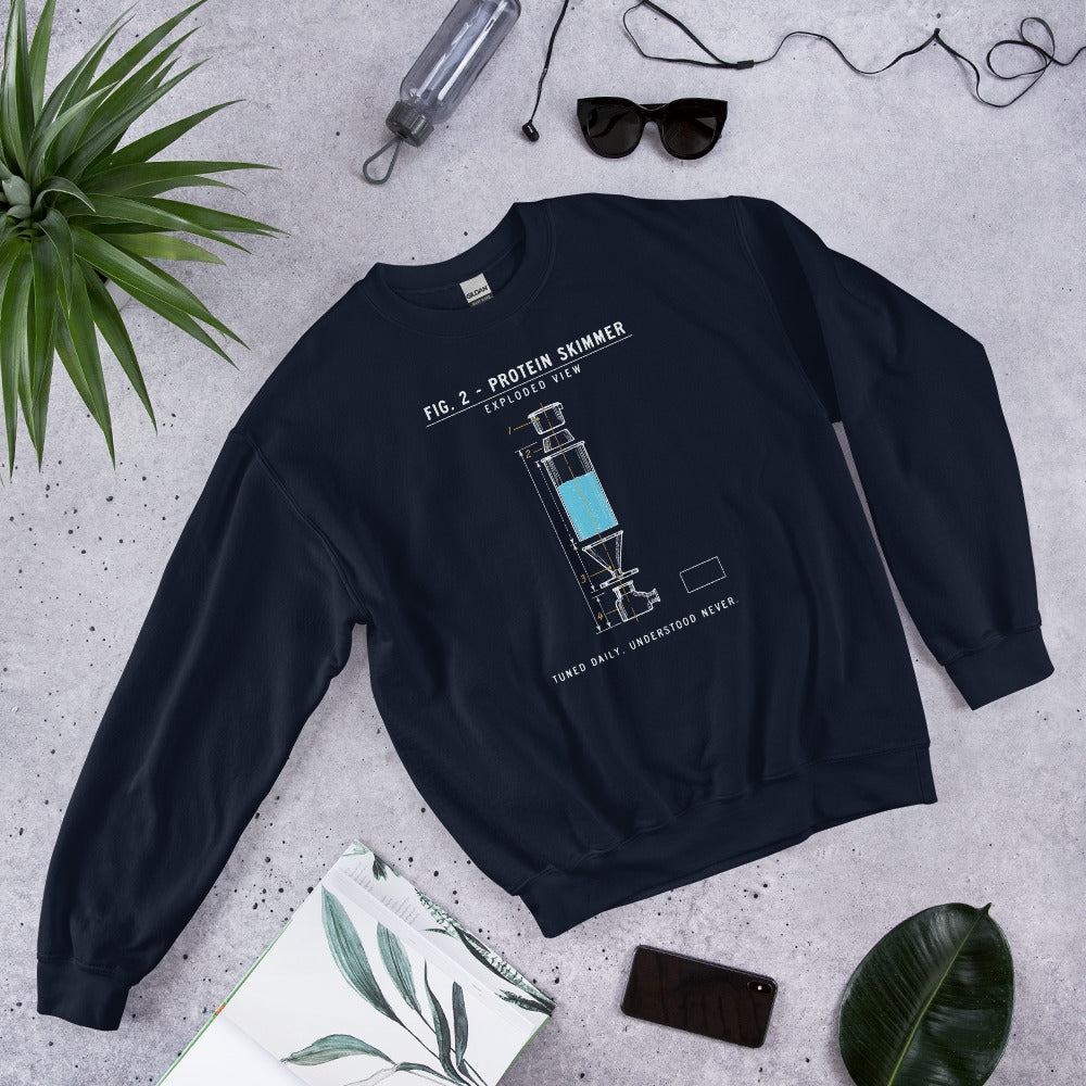 Protein Skimmer Exploded View reef tank saltwater aquarium crewneck sweatshirt — Navy, flat lay