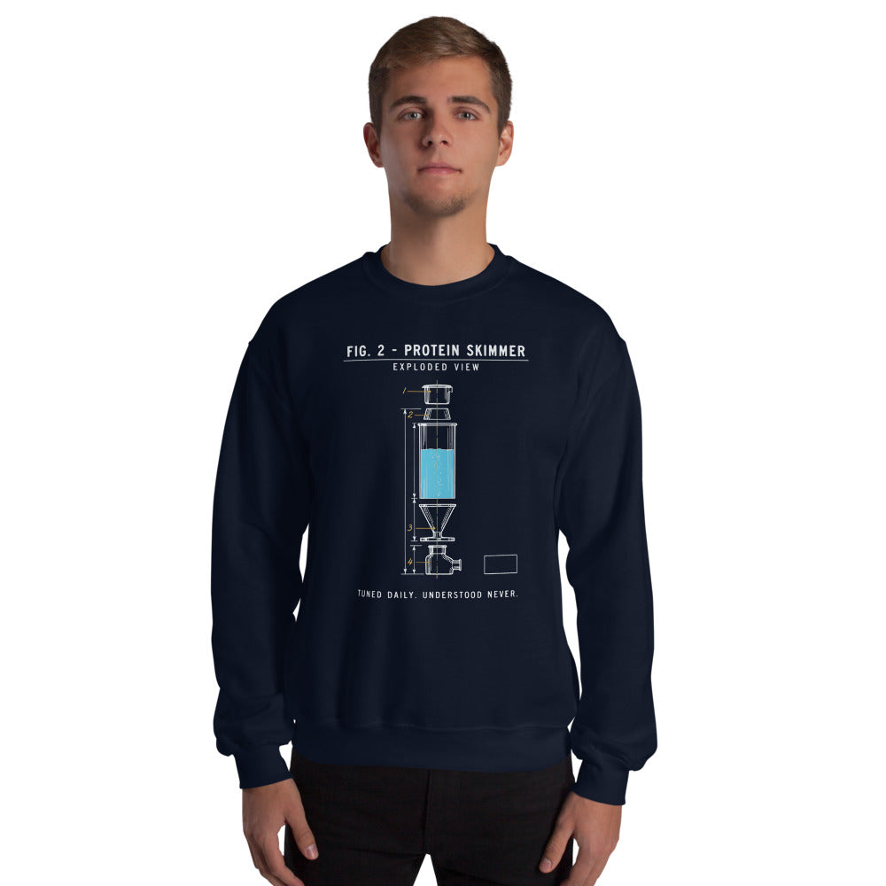 Protein Skimmer Exploded View reef tank saltwater aquarium crewneck sweatshirt — Navy, on model