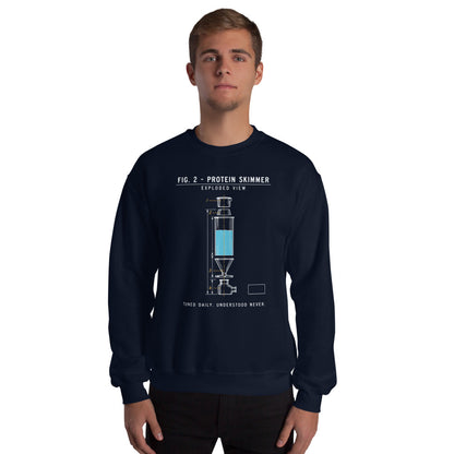 Protein Skimmer Exploded View reef tank saltwater aquarium crewneck sweatshirt — Navy, on model