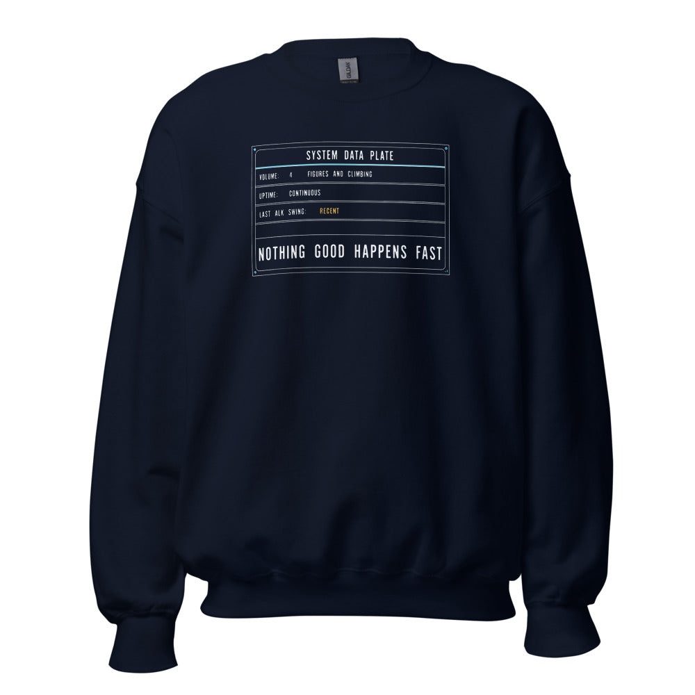 Nothing Good Happens Fast reef system data plate saltwater aquarium crewneck sweatshirt — Navy, front