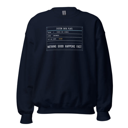 Nothing Good Happens Fast reef system data plate saltwater aquarium crewneck sweatshirt — Navy, front