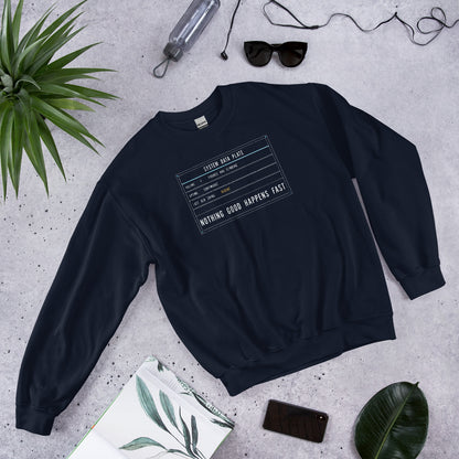 Nothing Good Happens Fast reef system data plate saltwater aquarium crewneck sweatshirt — Navy, flat lay