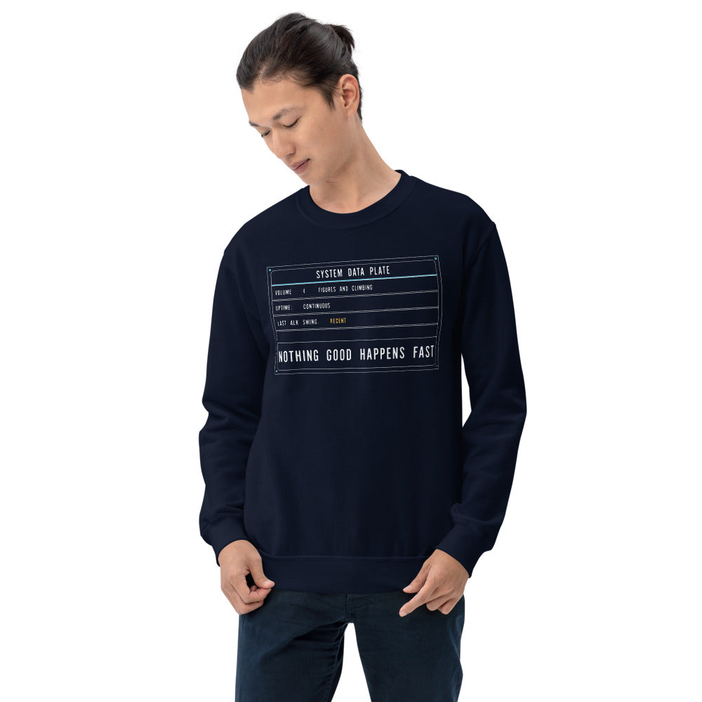 Nothing Good Happens Fast reef system data plate saltwater aquarium crewneck sweatshirt — Navy, on model