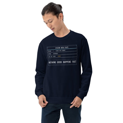 Nothing Good Happens Fast reef system data plate saltwater aquarium crewneck sweatshirt — Navy, on model
