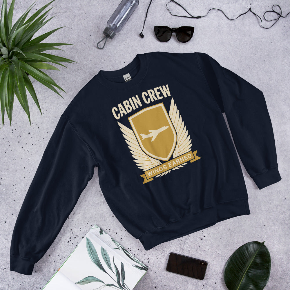Wings Earned flight attendant crewneck sweatshirt — Navy, flat lay