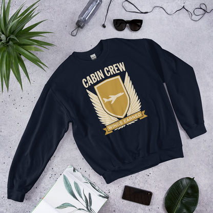 Wings Earned flight attendant crewneck sweatshirt — Navy, flat lay