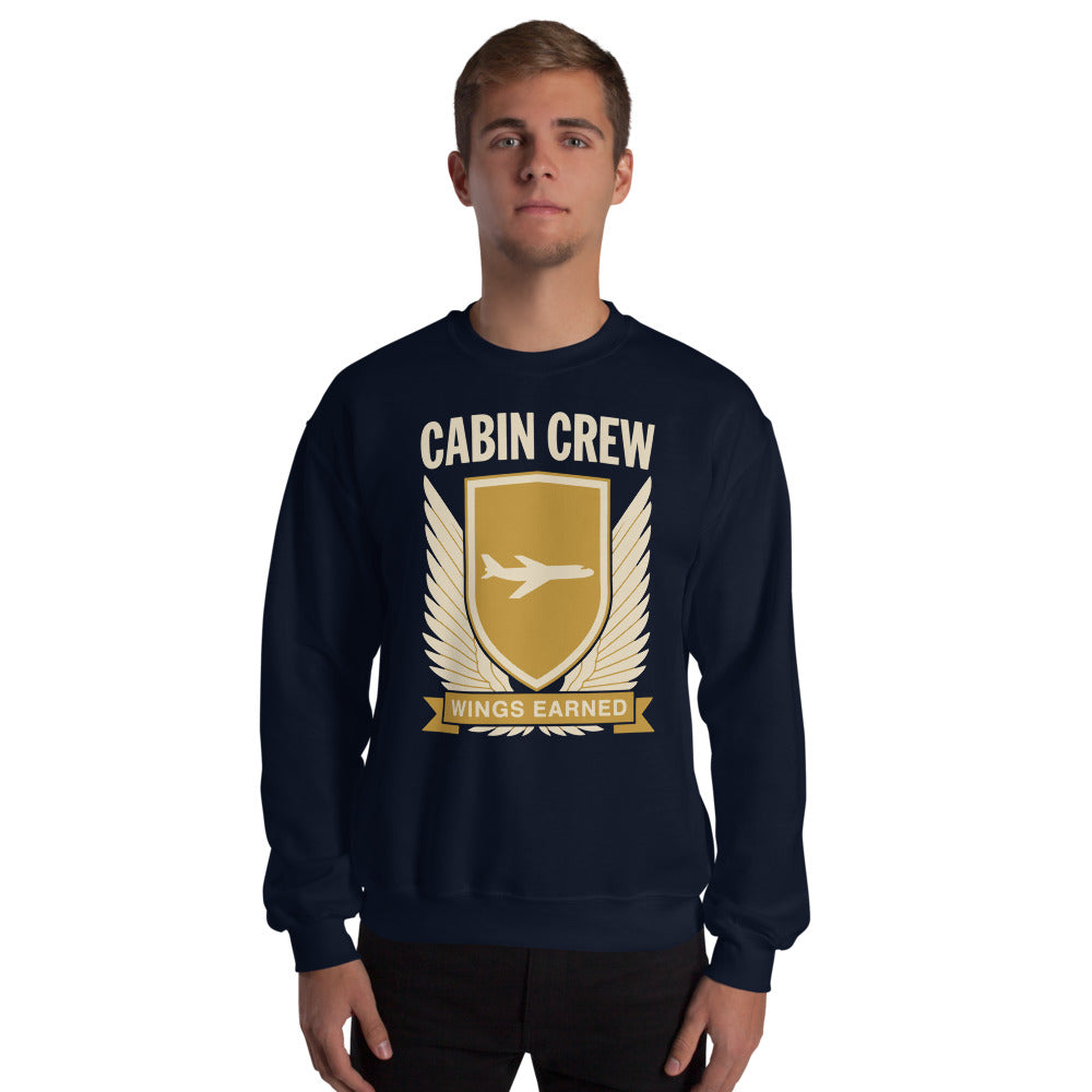Wings Earned flight attendant crewneck sweatshirt — Navy, on model