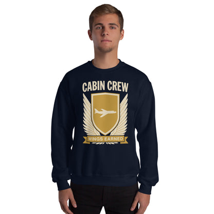 Wings Earned flight attendant crewneck sweatshirt — Navy, on model