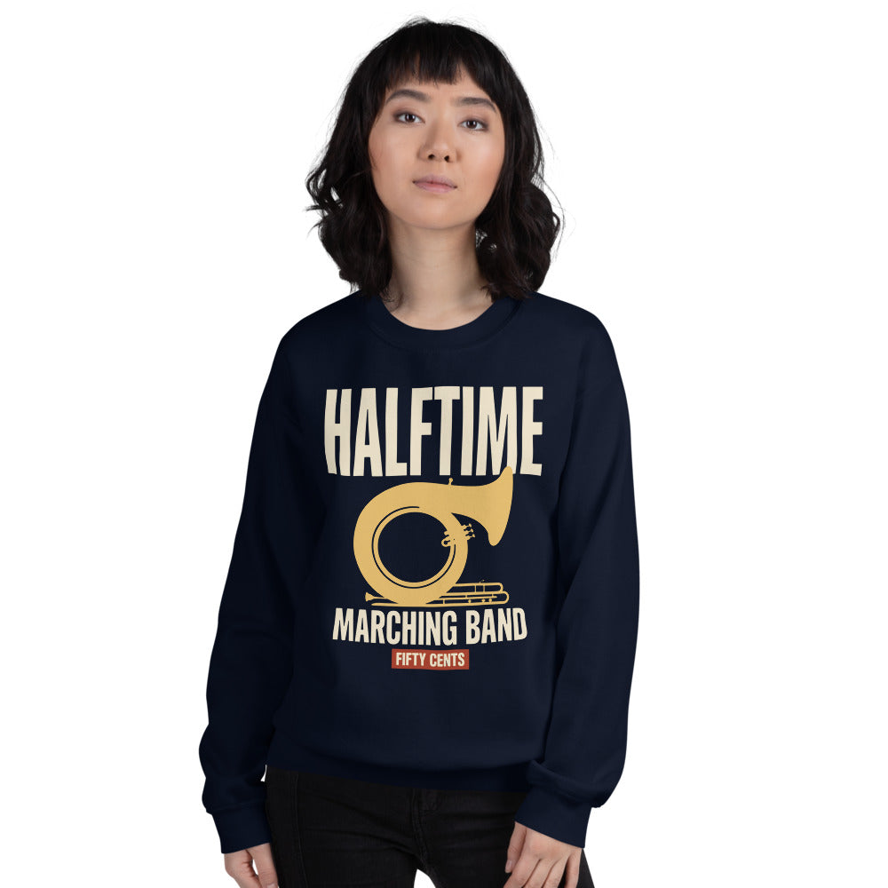 Official Halftime vintage marching band crewneck sweatshirt — Navy, on model