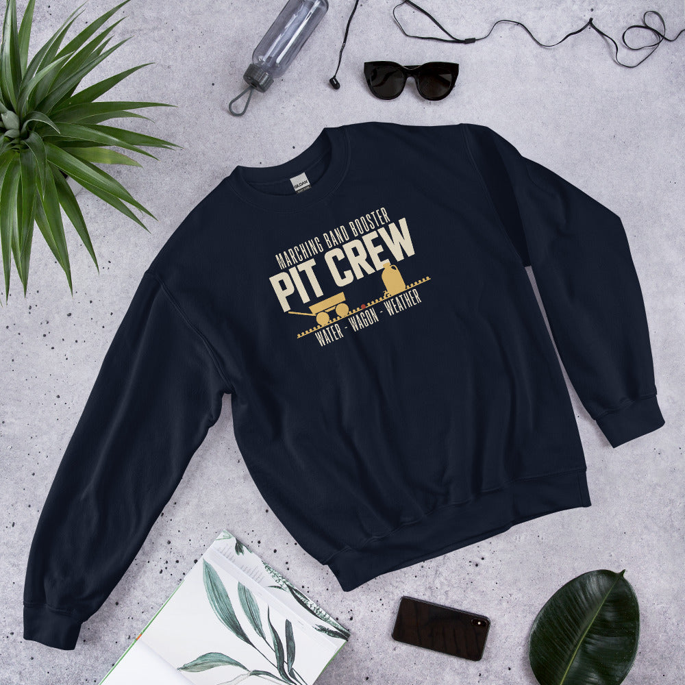 Pit Crew marching band booster crewneck sweatshirt — Navy, flat lay