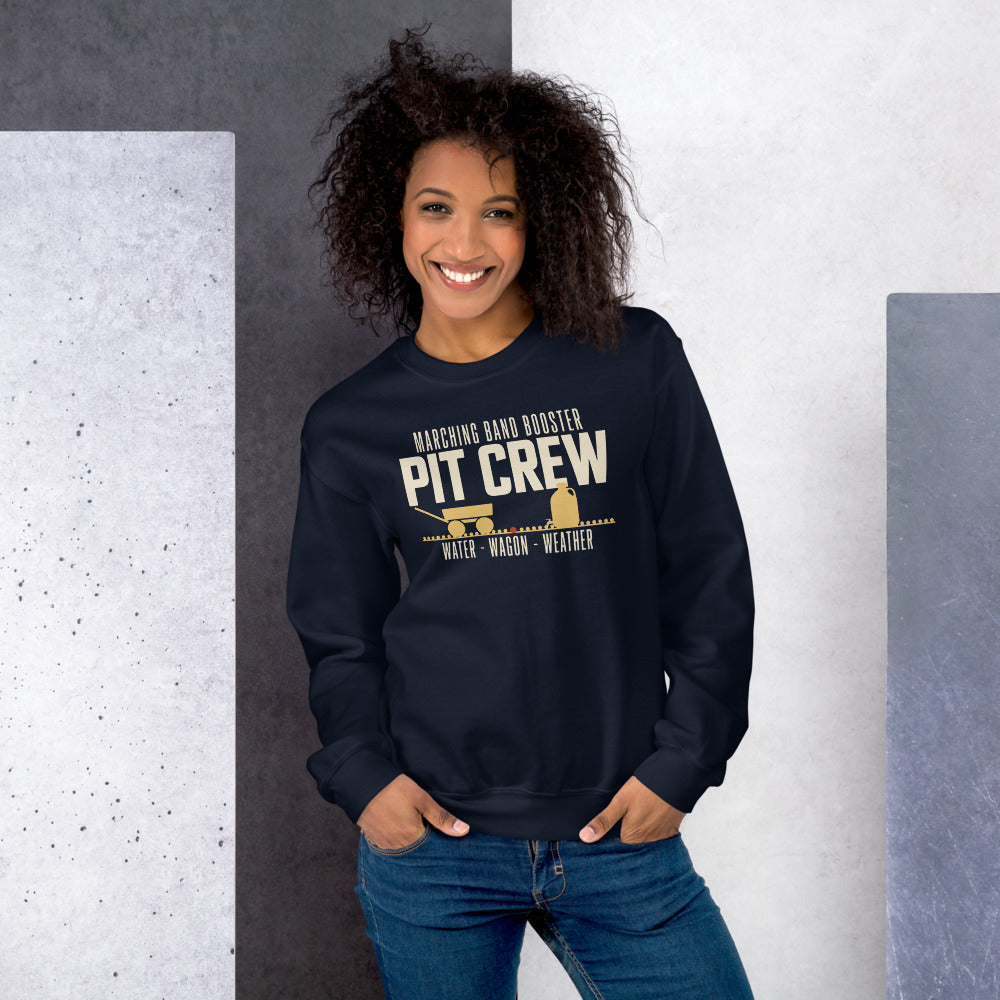 Pit Crew marching band booster crewneck sweatshirt — Navy, on model