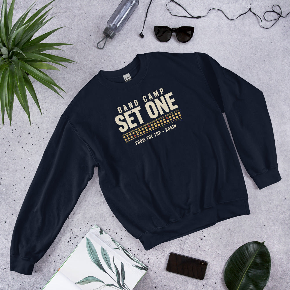 Set One marching band drill chart crewneck sweatshirt — Navy, flat lay
