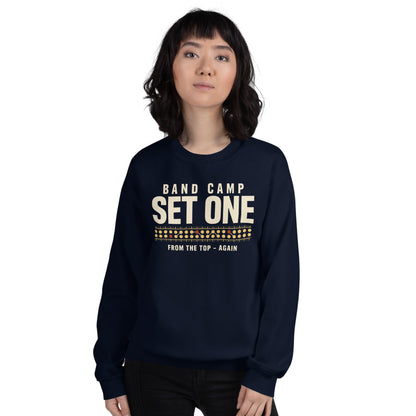Set One marching band drill chart crewneck sweatshirt — Navy, on model