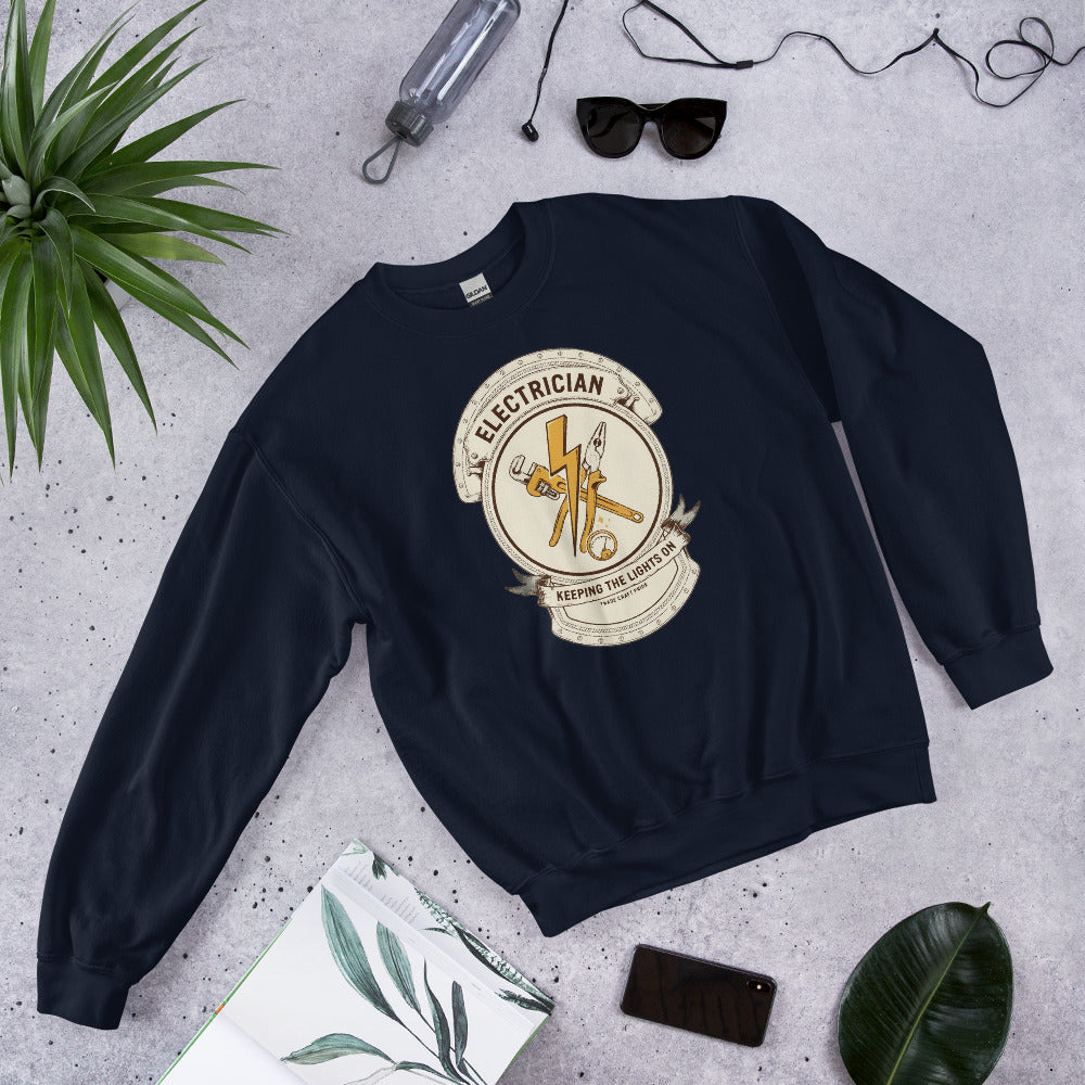 Electrician Journeyman trade crest crewneck — Navy, flat lay
