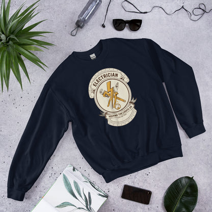 Electrician Journeyman trade crest crewneck — Navy, flat lay
