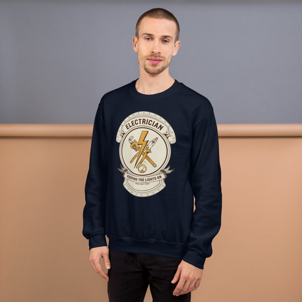Electrician Journeyman trade crest crewneck — Navy, on model