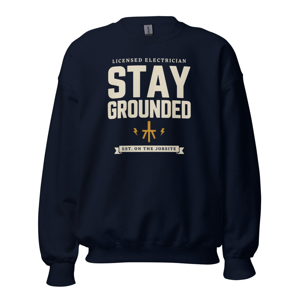 Stay Grounded funny electrician crewneck — Navy, front