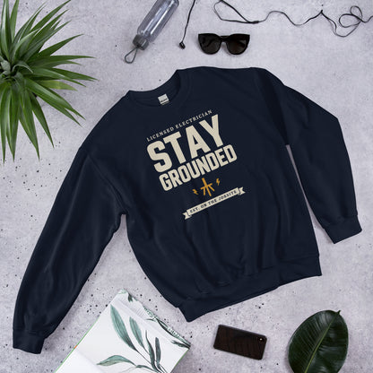Stay Grounded funny electrician crewneck — Navy, flat lay