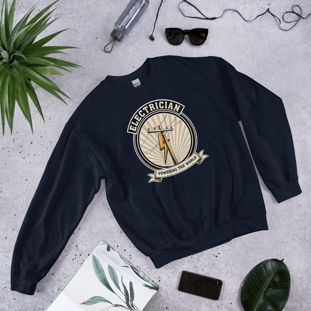 Powering The World electrician emblem crewneck — Navy, flat lay
