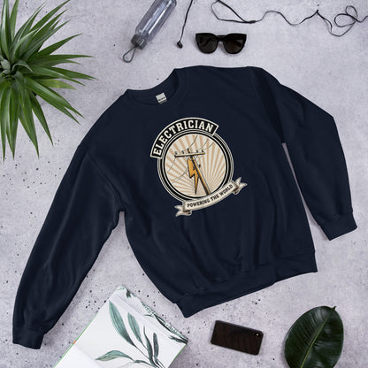 Powering The World electrician emblem crewneck — Navy, flat lay
