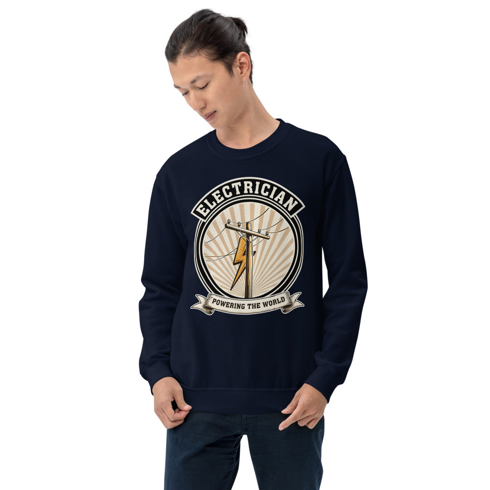 Powering The World electrician emblem crewneck — Navy, on model