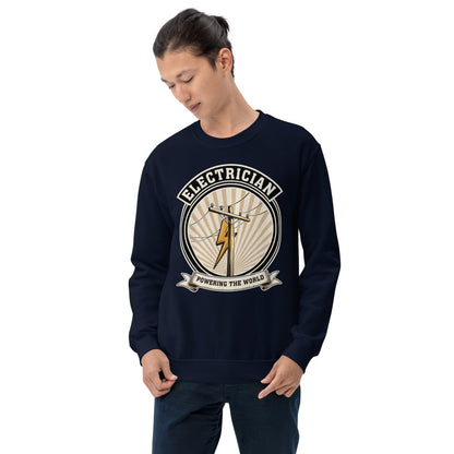 Powering The World electrician emblem crewneck — Navy, on model