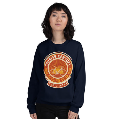 Sunrise Century C.C. retro cycling club badge crewneck — Navy, on model