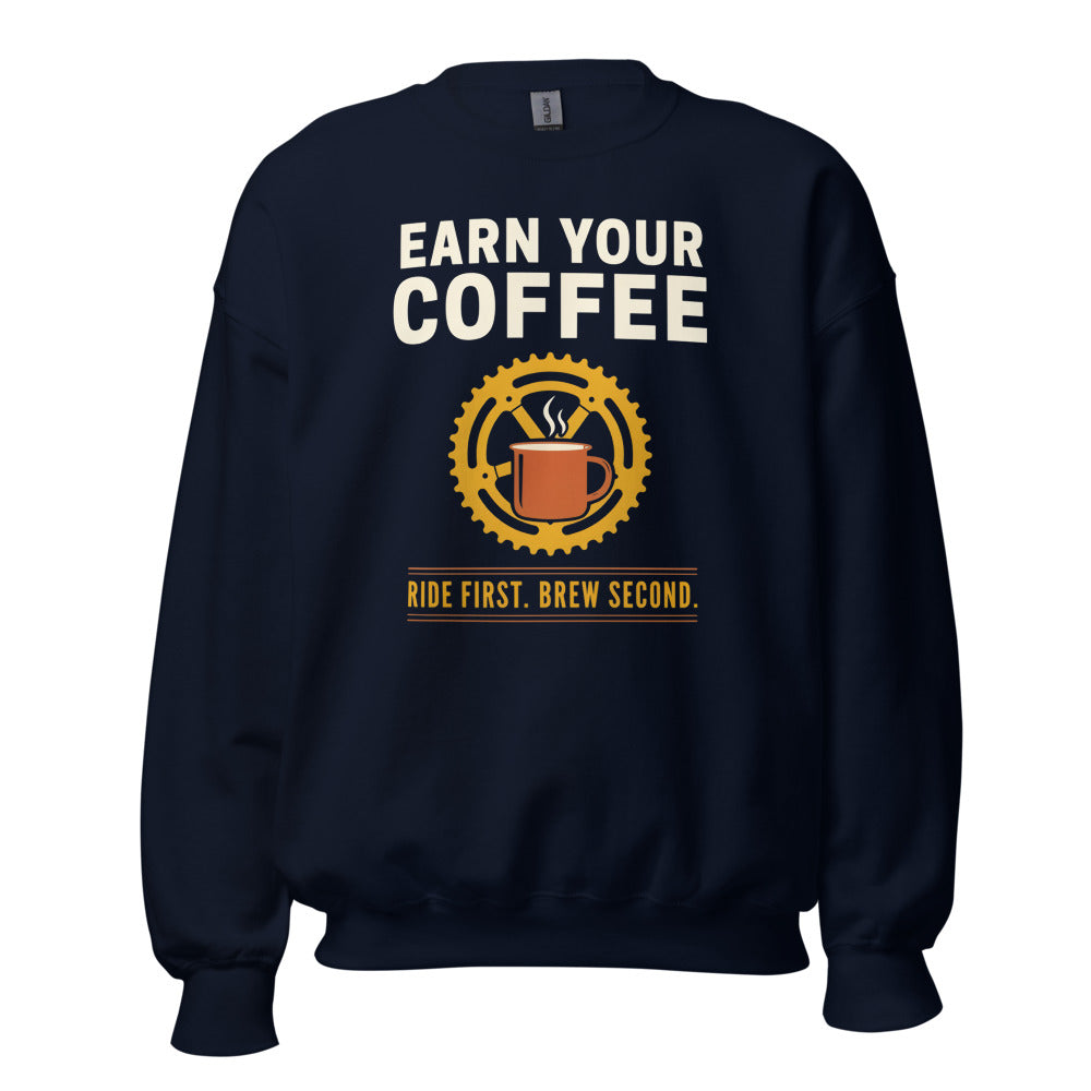 Earn Your Coffee retro cycling coffee crewneck — Navy, front