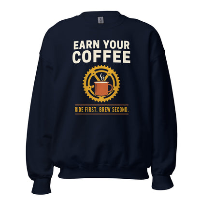 Earn Your Coffee retro cycling coffee crewneck — Navy, front