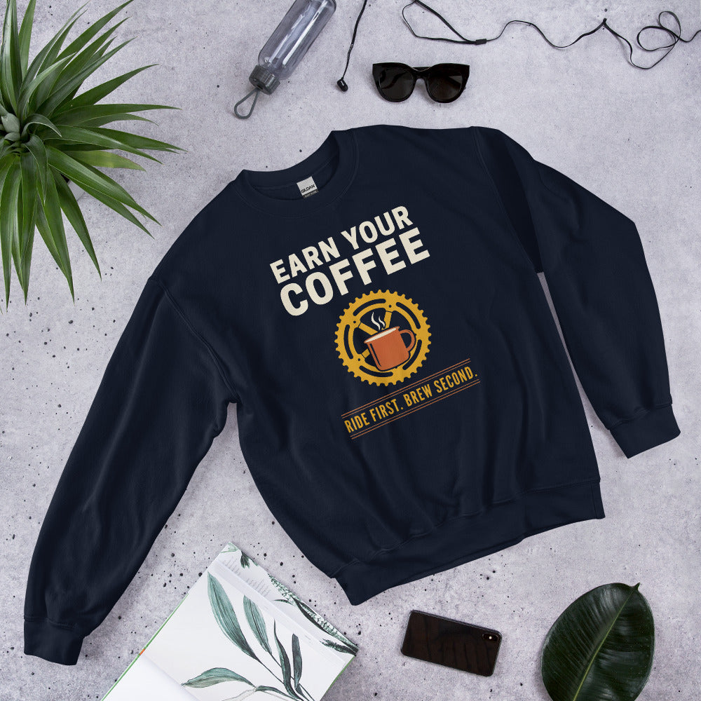Earn Your Coffee retro cycling coffee crewneck — Navy, flat lay