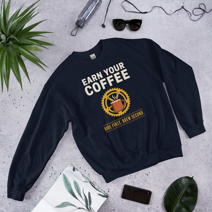 Earn Your Coffee retro cycling coffee crewneck — Navy, flat lay