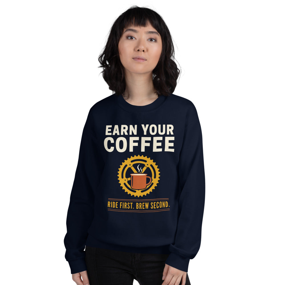 Earn Your Coffee retro cycling coffee crewneck — Navy, on model