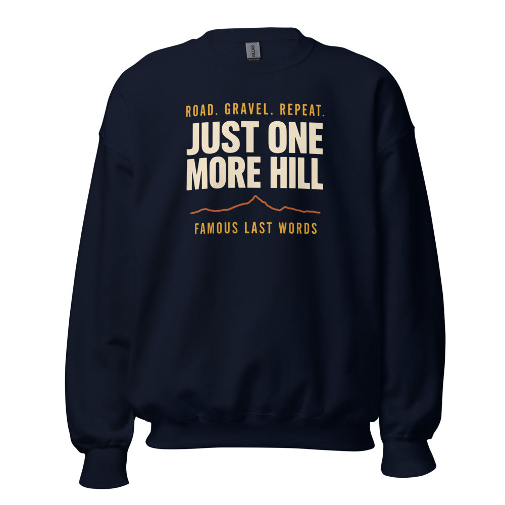 Just One More Hill retro cycling climb crewneck — Navy, front