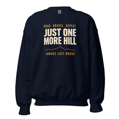 Just One More Hill retro cycling climb crewneck — Navy, front