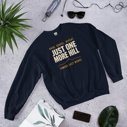 Just One More Hill retro cycling climb crewneck — Navy, flat lay