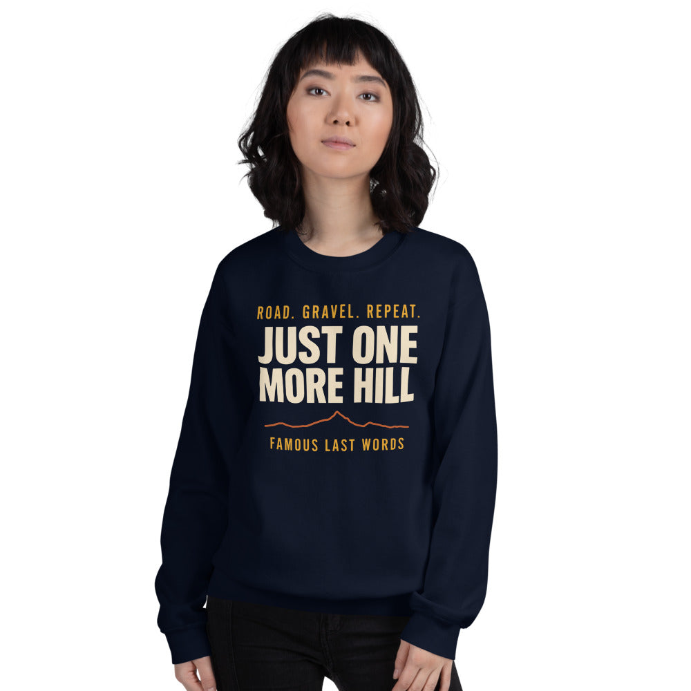 Just One More Hill retro cycling climb crewneck — Navy, on model