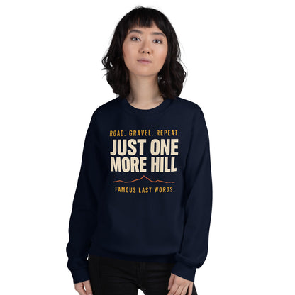 Just One More Hill retro cycling climb crewneck — Navy, on model